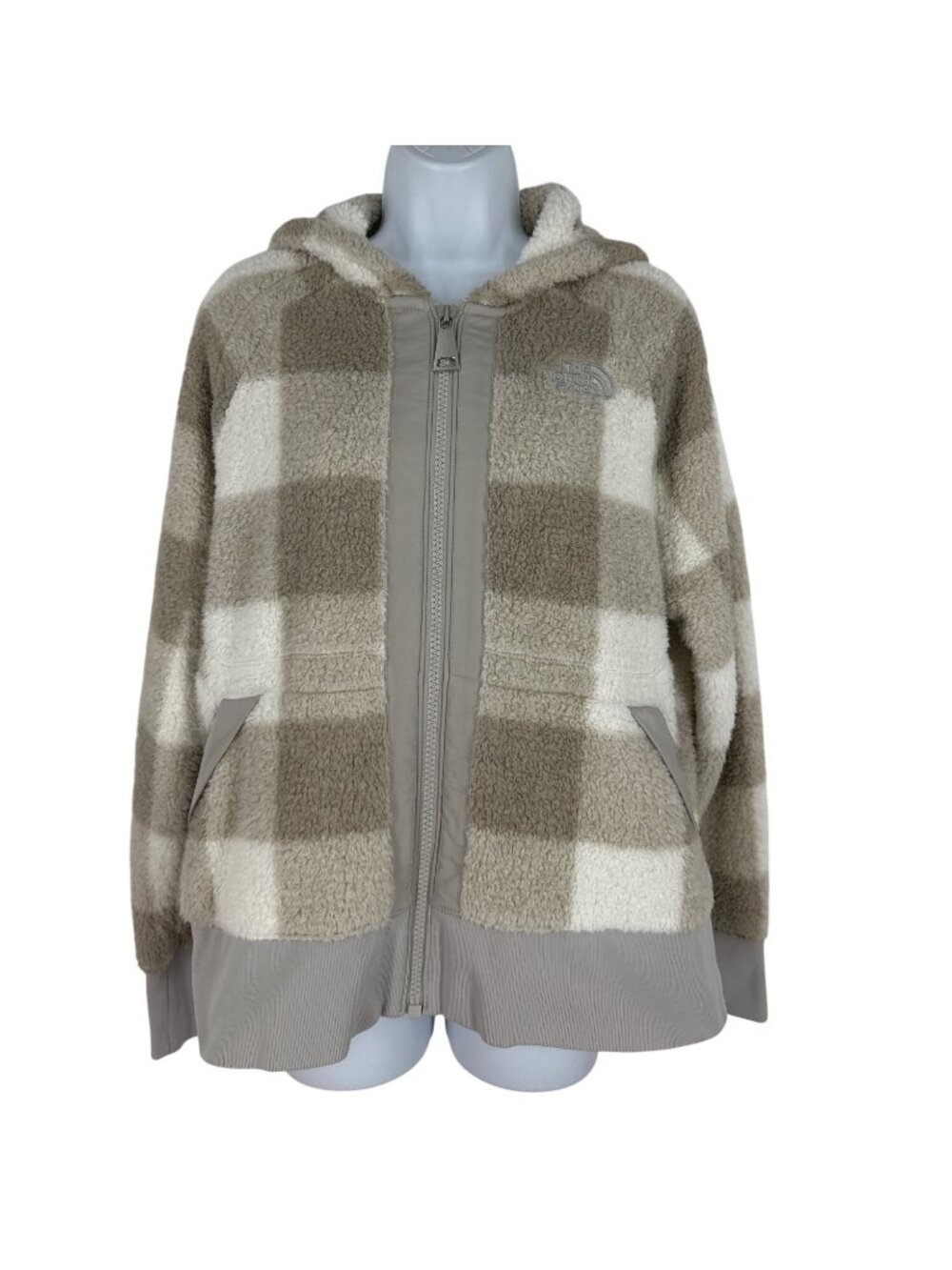 The North Face Womens Checkered Full-Zip Sherpa Fleece Hoodie Beige & White Sz L